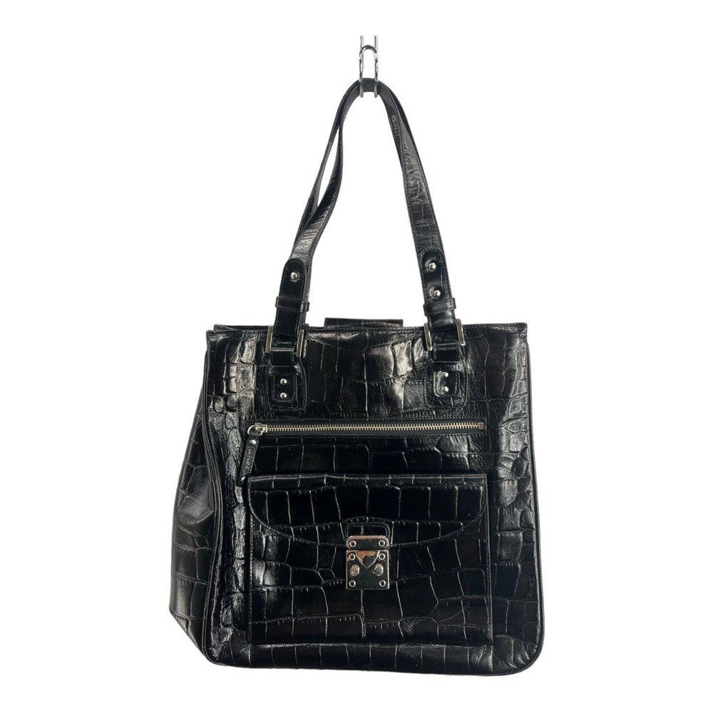 Nordstrom Womens Tote Bag Black Animal Print Crocodile Leather Square Magnetic S